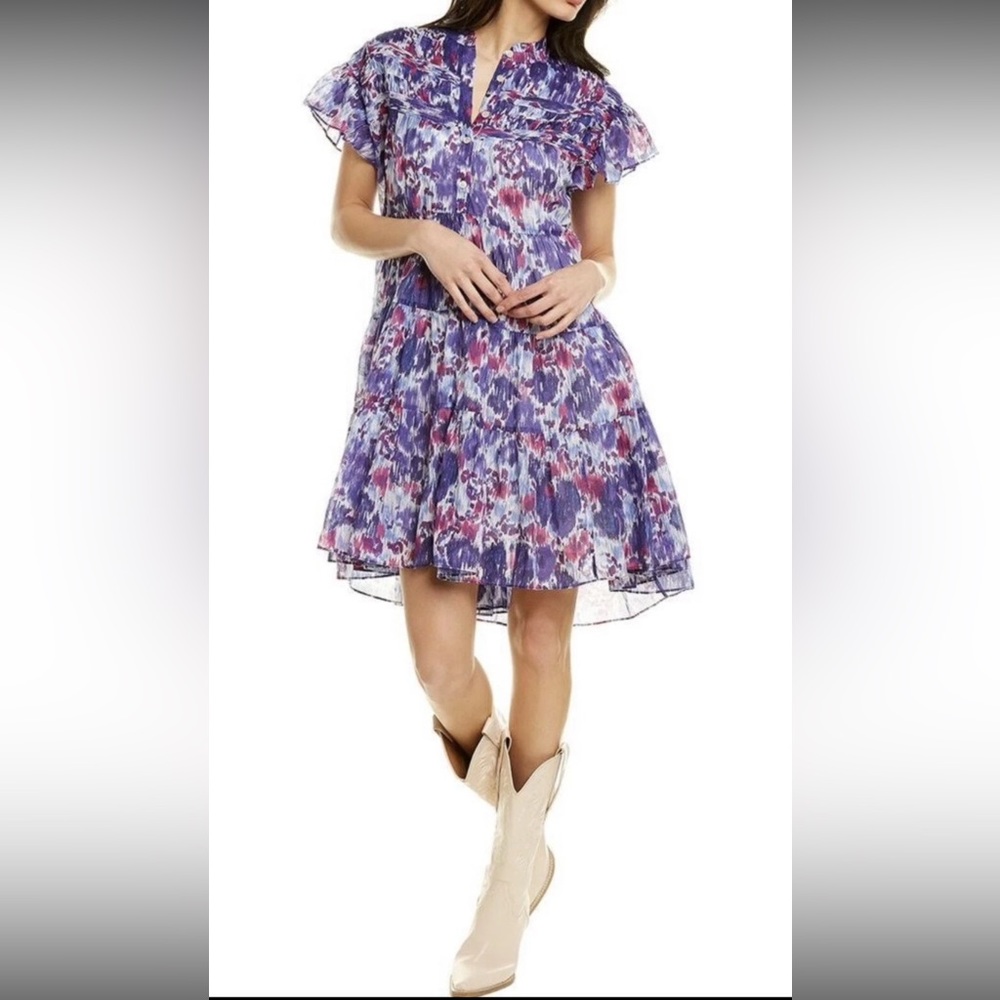 Isabel Marant Etoile Lanikaye Mini Dress Cotton Tiered Blue Purple S/M FR 38